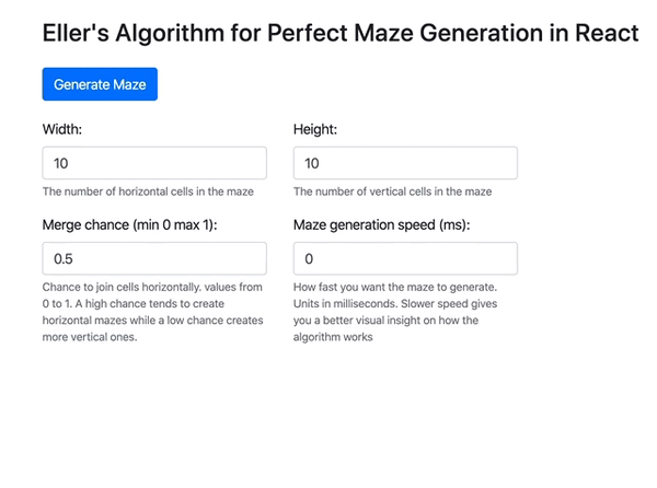 Maze Generation showcase in the form of a GIF file showing how to use the controls and the maze generation